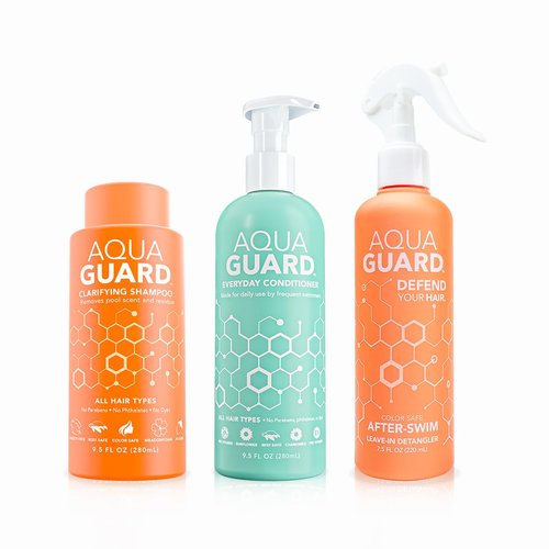 AQUA GUARD After-Swim UV Leave-In Detangler + Gentle Clarifying Shampoo + Everyday Conditioner for Damaged & Brittle Hair Bundle