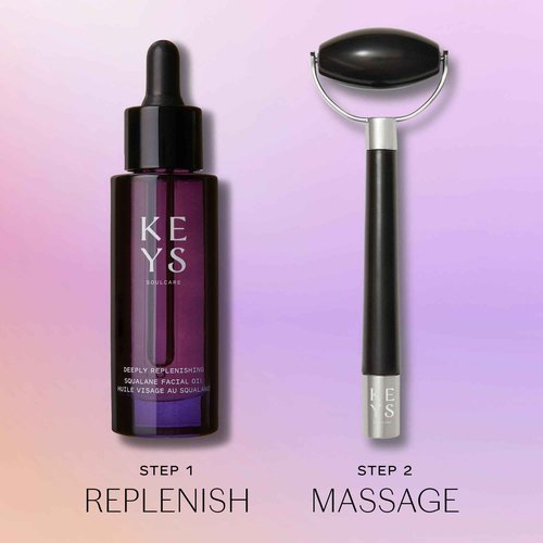 Keys Soulcare Facial Massage Bundle, Includes Deeply Replenishing Squalane Oil & Obsidian Roller, Hydrates for Glowing, Energized & Revitalized Skin