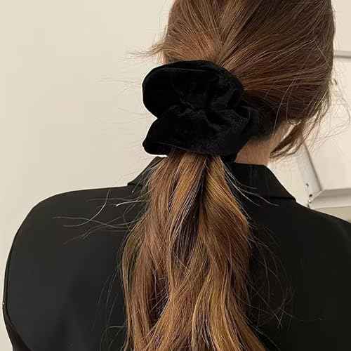 Velvet Scrunchies for Women Girls 4Pcs Large Brown Black Scrunchies Long Thick Curly Hair Soft Hair Bands Neutral Scrunchie Cute Ponytail Holders No Damage Elastic Hair Ties Hair Accessories