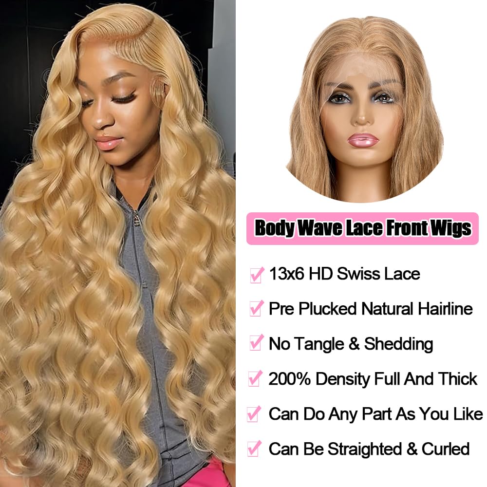 KTOOYKE Honey Blonde Wig Human Hair 22 Inch 13x6 Hd Lace Front Wigs Human Hair Pre Plucked 200% Density 27# Body Wave Lace Frontal Wigs Honey Blonde Wigs For Women