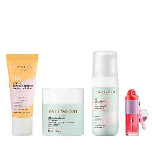Evereden Daily Routine Set & Non-Toxic Lip Gloss: Clean & Vegan Skin Care for Kids - Nourishing Tween Skincare with Multi-Vitamin Face Wash, Face Cream, SPF 30 Sunscreen & Tinted Lip Gloss