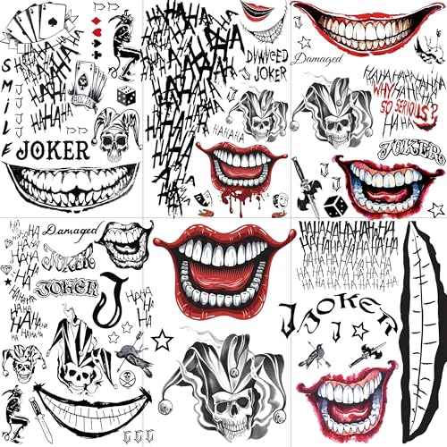 FANRUI 6 Sheets Joker Tattoos Halloween Face Makeup Kit, Temporary Tattoos For Men Women Adults, Smile Face Clown Damaged Tattoo Joker Prisoner Cosplay Costumes And Party Accessories