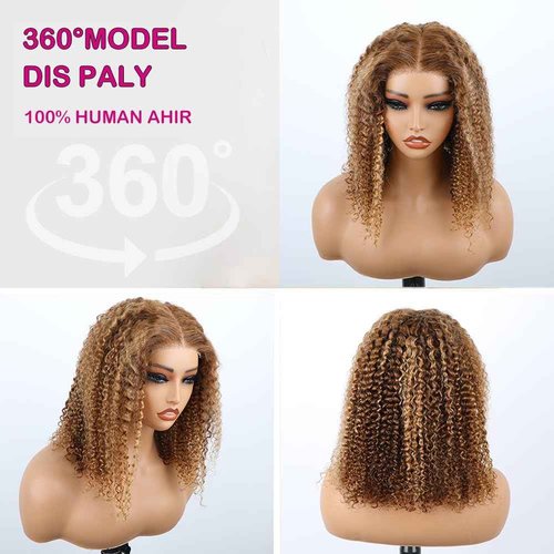 Lealife 14 inch Kinkycurly Wear and Go Glueless Wig Ombre Highlight 4/27 Wigs Pre Cut Transparent Lace Wig human hair Pre Plucked,Natural Hairline for Women 200% Density