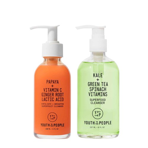 Youth To The People Supercharged Cleansing Duo - Bestselling Superfood Kale + Green Tea Face Wash (8oz) - Superfruit Papaya + Vitamin C Gentle Exfoliating Cleanser (5oz) - Vegan