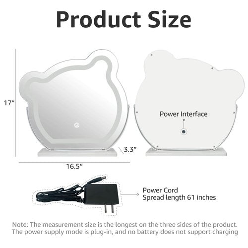 nianfeng Light Up Vanity Mirror, Lighted Makeup Mirror with 10x Magnification, LED Desk Mirror with Lights for Dorm, Bedroom, Tabletop, Girls, Women, Plug in, Bear, White