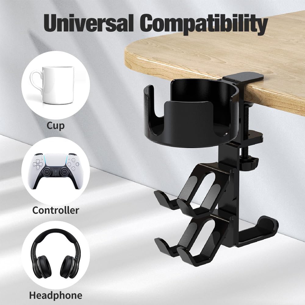 360° Rotating Controller Headphone Holder - Larger Desk Cup Holder with Adjustable Headset Hanger Controller Stand | Clamp On Desk Organizer | Gaming Desk Pc Accessories