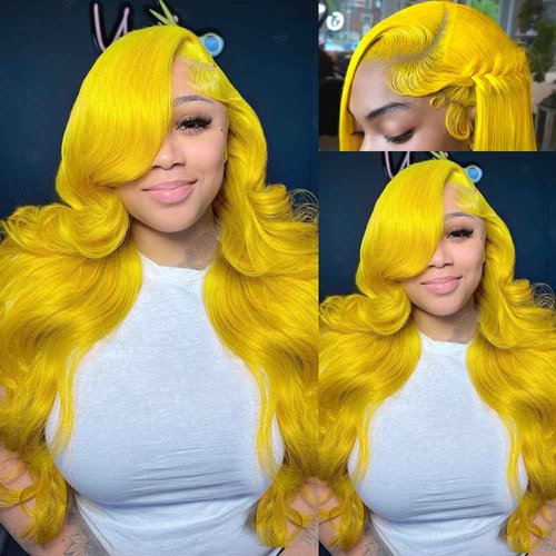XIAPAY 28 Inch Yellow Wig Human Hair 13x4 Yellow Lace Front Wig Human Hair Body Wave Lace Front Wigs Human Hair Blonde Wig Human Hair Colored 200% Density HD Frontal Wigs human hair