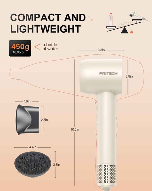 PRITECH Professional Hair Dryer with Diffuser - 1600W High-Speed 110,000 RPM Brushless Motor, Negative Ion Technology & Quiet Operation, 5 Temp 3 Speed Settings, Includes Concentrator Nozzle