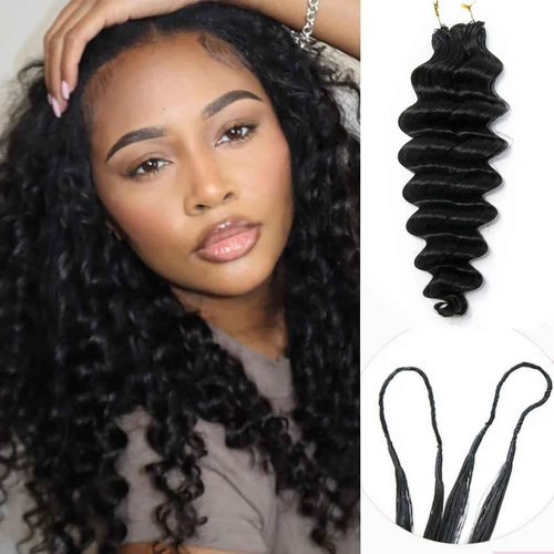 Deep Wave Knotless Pre-Separated Crochet Hair Extensions Human Hair Loose Wave Crochet Hair Natural Black Machine Made Feather Human Hair Extension 18inch 60g