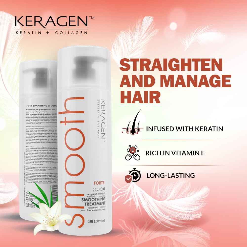 Keragen Brazilian Smoothing Keratin Hair Treatment | Sulfate-Free Blowout System for Dry, Damaged, Curly, or Frizzy Hair | Forte Formula | Medium to Coarse Hair | 32 Oz