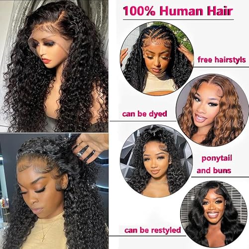 FIRIEYA 13x4 Deep Wave Lace Front Wigs Human Hair 180% Density Glueless HD Transparent Lace Frontal Human Hair Wigs Pre-Plucked with Baby Hair Natural Color (20inch, Natural Black)