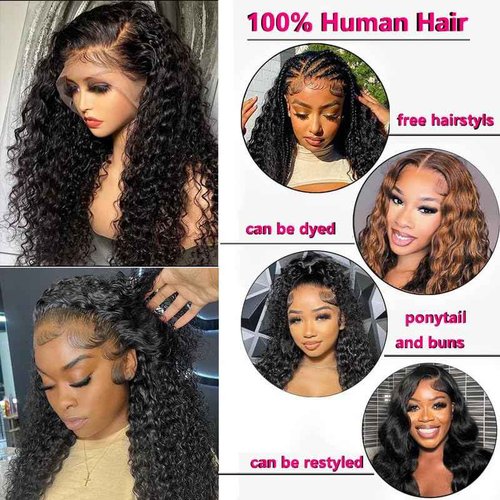 FIRIEYA 13x4 Deep Wave Lace Front Wigs Human Hair 180% Density HD Transparent Lace Frontal Wigs for Women Glueless Wigs Human Hair Pre-Plucked with Baby Hair 18 Inch
