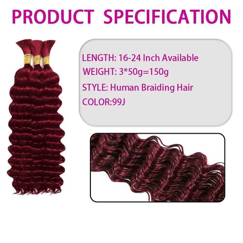 Hailookmey Human Braiding Hair for Boho Braids 150g Deep Wave Human Hair for Braiding 3 Bundles/Pack No Weft Curly Human Hair Extensions for Braids (99J Burgundy Color,24 Inch)