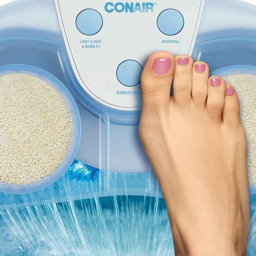 Conair Waterfall Pedicure Foot Spa Bath with Blue LED Lights, Massaging Bubbles and Massage Rollers, Blue/White