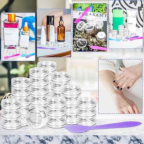 MotBach 100 Pcs 3g Empty Plastic Containers with Lids,Tiny Makeup Sample Containers Small Pot Jars Clear Round Cosmetic Jars with 20 Pcs Mini Spatulas for Liquid Sample Powder Creams (Clear Lid)