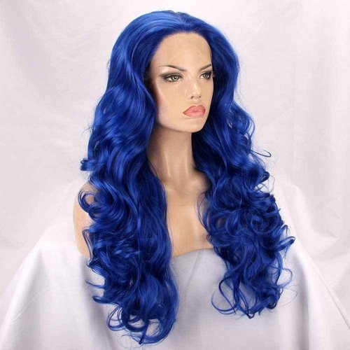 FSLWIGS Blue Lace Front Wig Long Body Wavy Wig Synthetic Hair Look Natural Wigs for Women