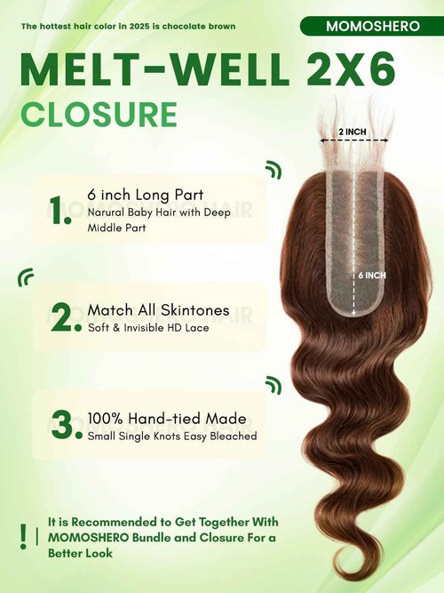 MOMOSHERO 12A Chocolate Brown Bundles With Closure Human Hair Body Wave, Soft Glossy Wavy 100% Remy Hair Weaves Colored #4 Medium Dark Brown 3 Bundle and 2X6 HD Lace Closure Deep Part 10 12 14+10 inch