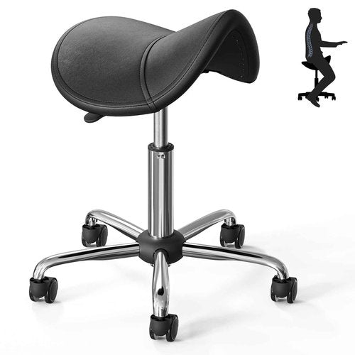 CLORIS Saddle Rolling Stool Hold up to 400 LBS Height Adjustable Swivel Chair Metal Feet with Wheels for Spa, Massage, Salon, Home, Office, Medical, Tatoo, Bar Black