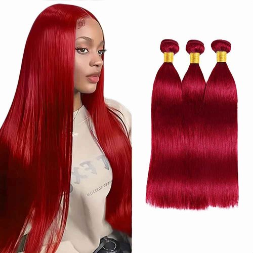 Red Human Hair Bundles Red Straight Bundles Hair Weave 28 30 32 Inch 8A Brazilian Virgin Remy Hair 3 Bundles Double Weft Soft Real Human Hair Extensions