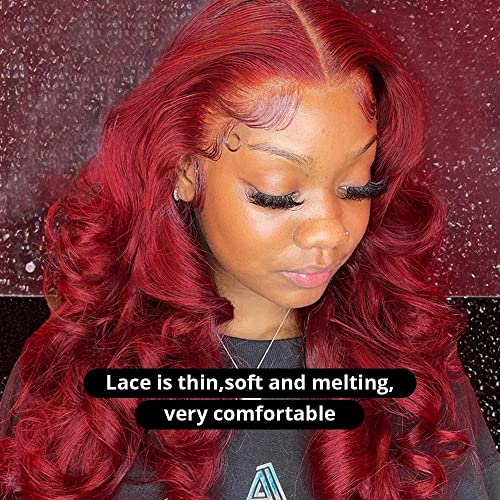 MUPRETTY 99J Burgundy Lace Front Wigs Human Hair Bleached Knots Body Wave Lace Front wig 13x4x1 T Part Lace Wig Human Hair 180% Density Glueless Wigs Human Hair Pre Plucked Natural Hairline (22Inch)