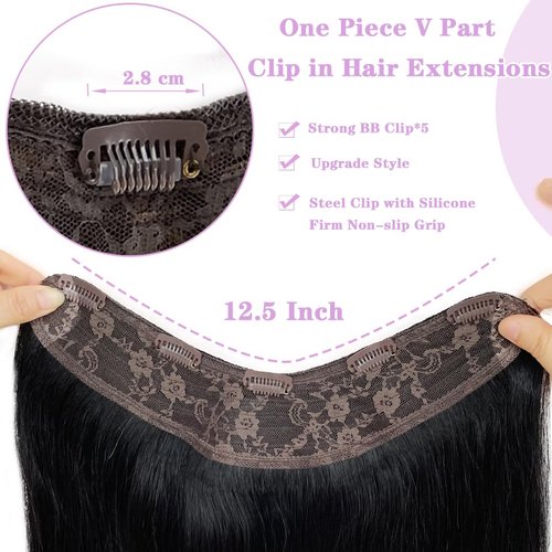 Jet Black One Piece Clip-In Hair Extension - 20 Inch V Shape Hairpiece With 5 Secure Clips, Silky Straight PU Weft for Women