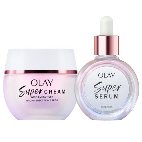 Olay Super Cream with Sunscreen SPF 30 (1.7 oz) + Super Serum (1.0 oz) - Utimate Lightweight Face Moisturizer - Vitamin C & E, Hyaluronic Acid, Niacinamide - Hydrate, Smooth, Brighten, Firm