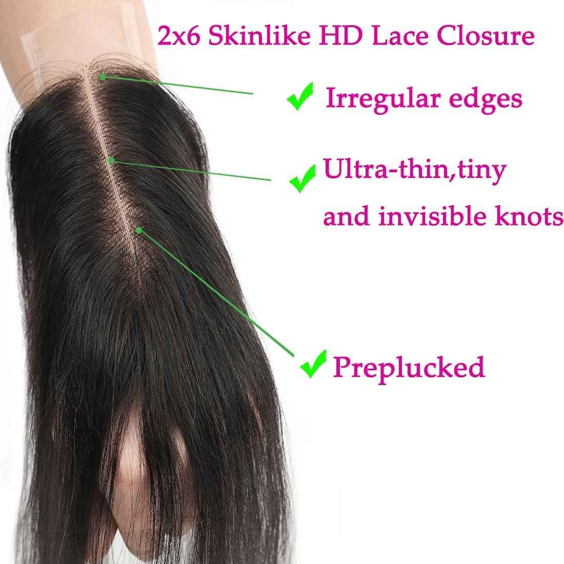 2x6 Human Hair HD Transparent Lace Closure Body Wave Skinlike 22inch 100% Virgin 2x6 Human Hair Middle Part Kim K Closure Brazilian 2x6 Body Wave HD Closure Natural Black glueless pre plucked bleached