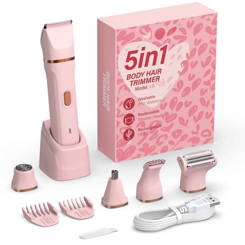 HOHOLE 5-in-1 Bikini Trimmer for Women, IPX7 Waterproof Electric Razors Shaver, Cordless Body Hair Trimmer, Facial & Pubic Hair Removal, Ceramic Blade (Blush)