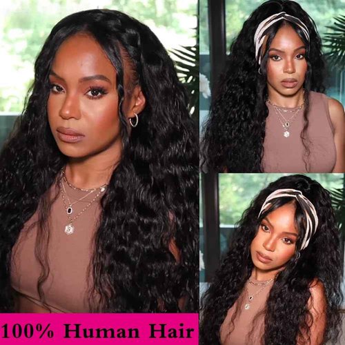 RUI MEI SI Half Wig Human Hair 200% Density Water Wave Glueless Wigs Human Hair 3 In 1 Drawstring Seamless Flip Over with Adjustable String Invisible Hairline Beginner Friendly Headband Wig 16 Inch