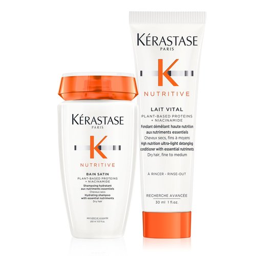 Kerastase Nutritive Bain Satin Shampoo & Lait Vital Conditioner Set For Fine to Medium Dry Hair - Gently Cleanses and Replenishes Moisture With Plant-Based Proteins & Niacinamide
