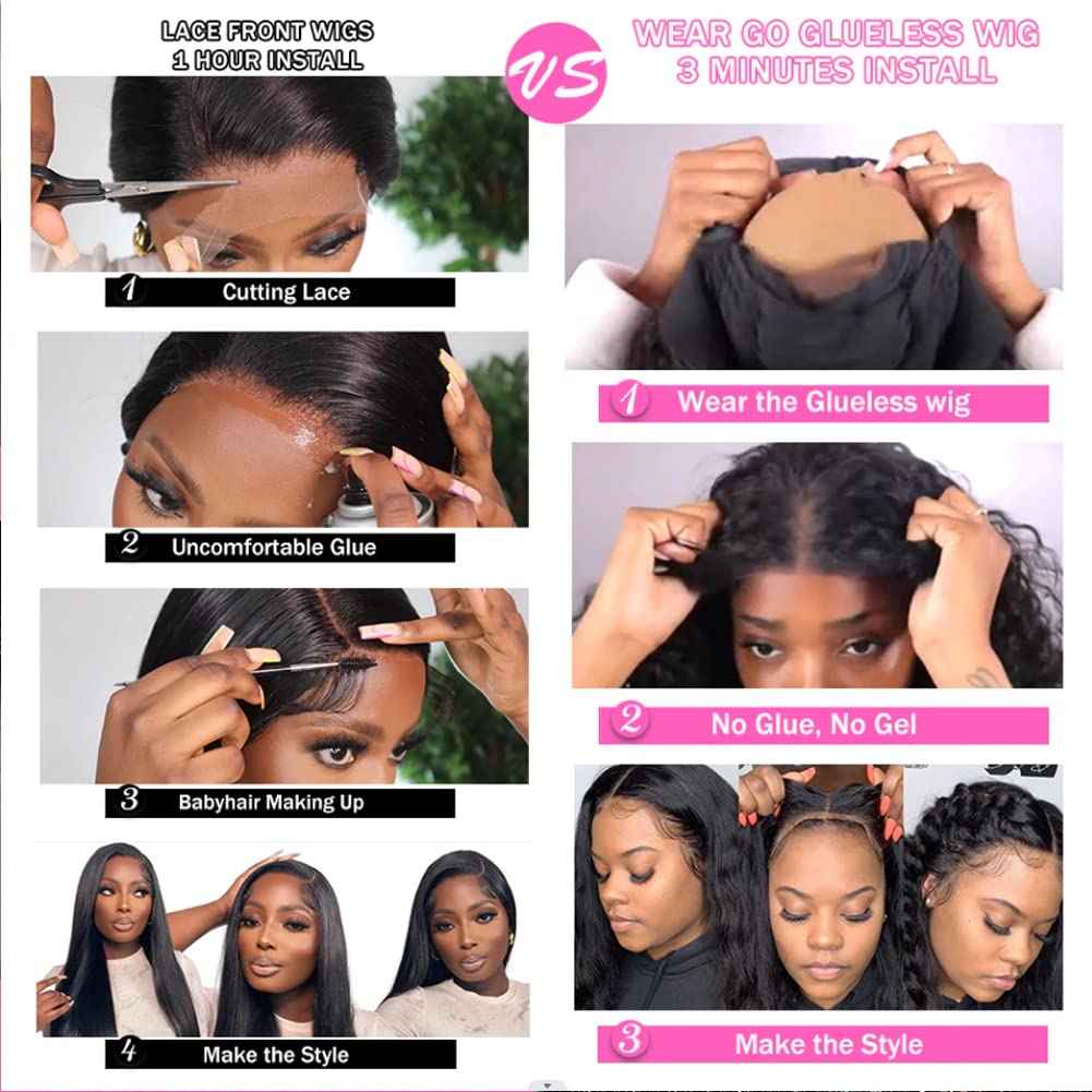 22 Inch Wear and Go Glueless Wigs Human Hair Bye Bye Knots Deep Wave HD 7X5 No Glue Lace Wig, Glueless Wig Pre Plucked, 15s Wear Complete Wear and Go Wig Pre Cut Lace Wig Natural black 200% Density
