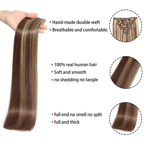 Houlud Straight Human Hair Clip in Extensions 22 Inch 120g 7pcs Clip in Hair Extensions Brazilian Remy Human Hair 16 Clips Double Weft Human Hair For Women (22 Inch, #4p/27 Medium Brown/Dark Blonde)