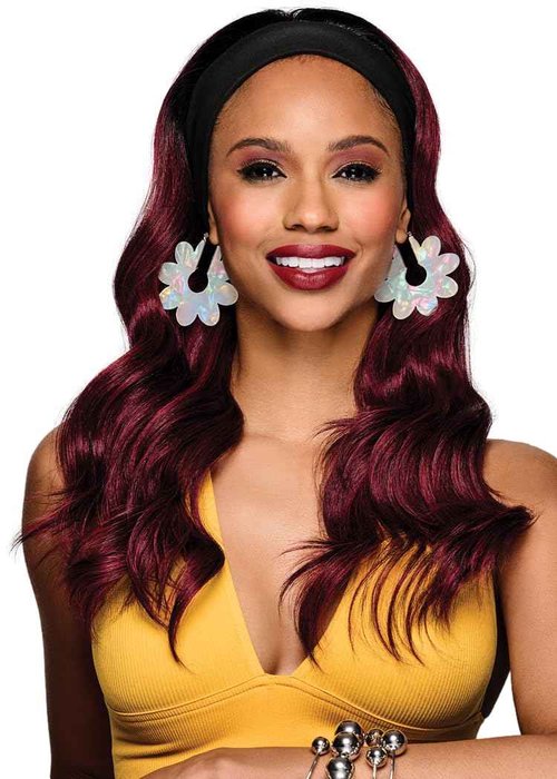 Kim Kimble 20" Wavy Waves Headband Wig, Long Layered Hair With Black Headband and Comb Clip, 3/4 Cap - Average Cap Size, MC4 35SS Sangria