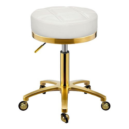 XCRFKGW Gold Rolling Vanity Stool with Wheels, Salon Spa Tattoo Massage Pedicure Chair, PU Leather Roller Chair, 43-55cm Height Adjustable Office Work Swivel Stool (White, Without Back)