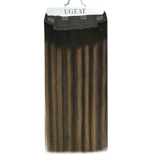 Ugeat Invisible Wire Hair Extensions Real Human Hair Brown Ombre Fishing Wire Human Hair Extensions Darkest Brown to Medium Brown Balayage Long Straight Full Head 20 Inch 95g