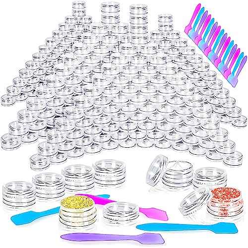 MotBach 100 Pcs 3g Empty Plastic Containers with Lids,Tiny Makeup Sample Containers Small Pot Jars Clear Round Cosmetic Jars with 20 Pcs Mini Spatulas for Liquid Sample Powder Creams (Clear Lid)