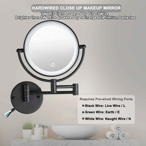 8" Wall Mounted Lighted Makeup Vanity Mirror with 3 Color Lights Stepless Dimming, 1X/10X Magnifying LED 2-Sided Bathroom Touch Sensor Extendable Arm 360 Swivel Shaving Mirror Hardwired, Matte Black