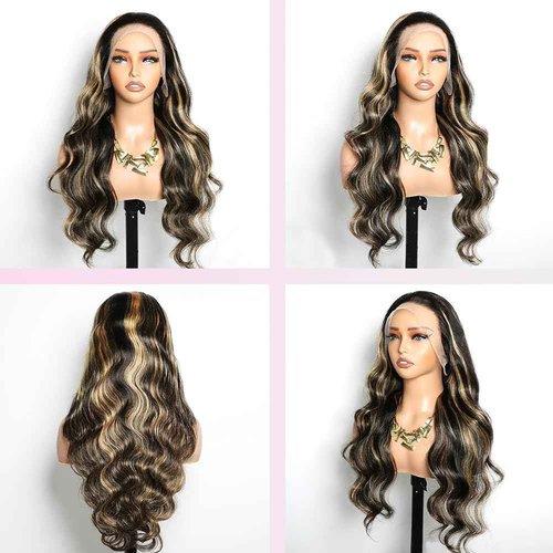 PDTBO Ombre Lace Front Wig Human Hair Pre Plucked 24 Inch Body Wave 1B/27 Highlight Lace Front Wig Human Hair 180% Density Colored 13x4 HD Lace Frontal Glueless Wigs For Black Women