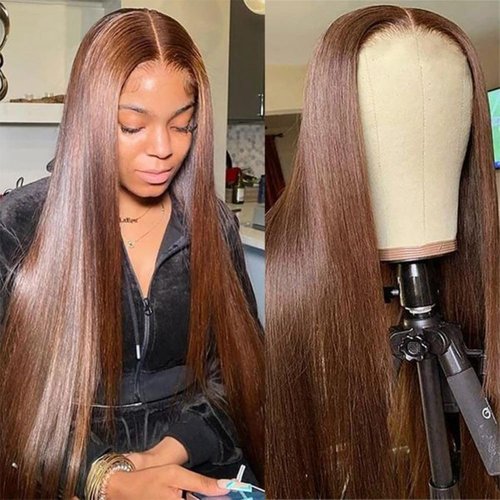 sterly 13x6 Straight Wigs Chocolate Brown Transarent HD Lace Front Wigs Human Hair with Baby Hair 180 Density Straight Glueless Wigs Pre Plucked Hairline 4# Brown Color (22 Inch, 4 Brown)