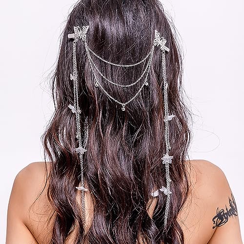 2 PACK Silver Wedding Butterfly Flower Headband Boho Head Chain Tassel Headband for Women Sparkly Rhinestone Fake Earrings Hair Accessories for Women and Girls