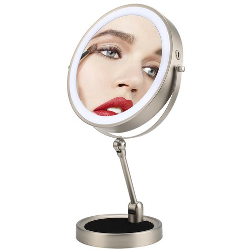 9" Lighted Makeup Mirror,1X/10X Magnifying Vanity Mirror with Height & Brightness Adjustable,Rechargable Makeup Mirror,360°Rotation Double Sided Standing Desk Mirror (Brush Nickel)