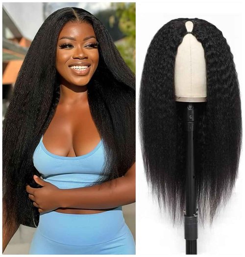 Vanmast V Part Wig Human Hair Kinky Straight 180% Density Upgrade U Part Human Hair Wig For Women No Leave Out No Glue Beginner Friendly Full Head Clip Yaki V Shape Wigs 16 Inch Natural Color