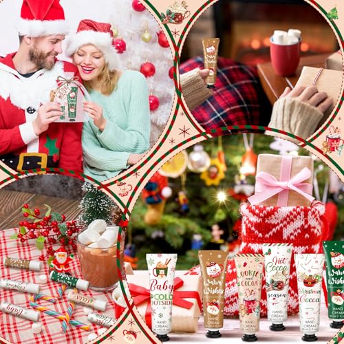 Demissle 48 Pcs Christmas Hot Cocoa Supplies Xmas Party Stuffers Christmas Stocking Favors Xmas Red Green Hand Cream and Lip Balm Gifts Set for Baby Shower Guests