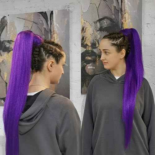 2 Pack Purple Ponytail Extension with Elastic Tie Straight Sleek Wrap Around Braid Ponytail 26 Inch (Purple#)