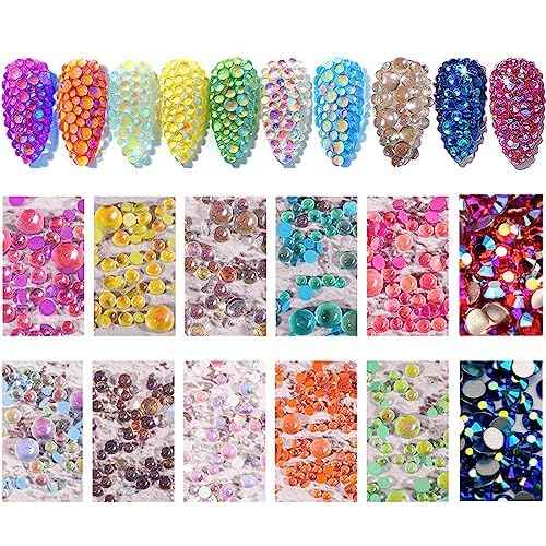 NAISKA 800Pcs Nail Art Rhinestones Set Colorful Flatback Rhinestones Glass Diamantes Gems for Nails Design Sparkly Diamond Beads Gems for DIY Crafts Clothes Tumblers Face Makeup Manicure