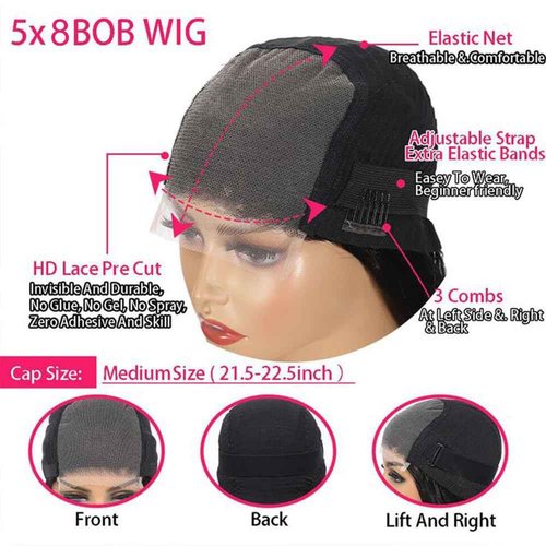 5x8 Glueless Wigs Human Hair Pre Plucked Pre Cut Bob Wig Human Hair 200% Density Body Wave Lace Front Wigs Human Hair HD Closure Wigs Short Bob Wigs for Black Women Wear and Go Glueless Wig 14 Inch