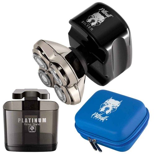 Skull Shaver Pitbull Silver PRO Along with Pitbull Travel Case and Platinum Rinse Stand Combo