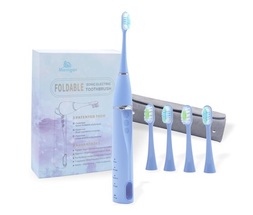 Movigor Foldable Electric Toothbrush for Adults – Dual UV Sanitization, 272 Sonic Modes, USB-C Rechargeable, 4 Brush Heads, Leather Travel Case, Portable Blue Toothbrush