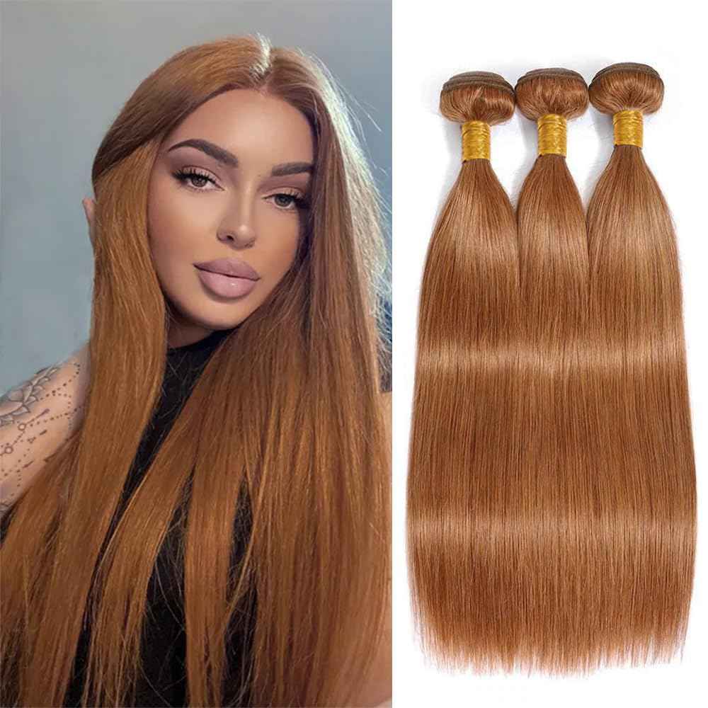 Habiliana Bundles Human Hair 26 28 30 Inch Straight 30 Light Brown Human Hair Bundles 11A Unprocessed Brazilian Virgin Quick Weave Hair Extensions for Black Women