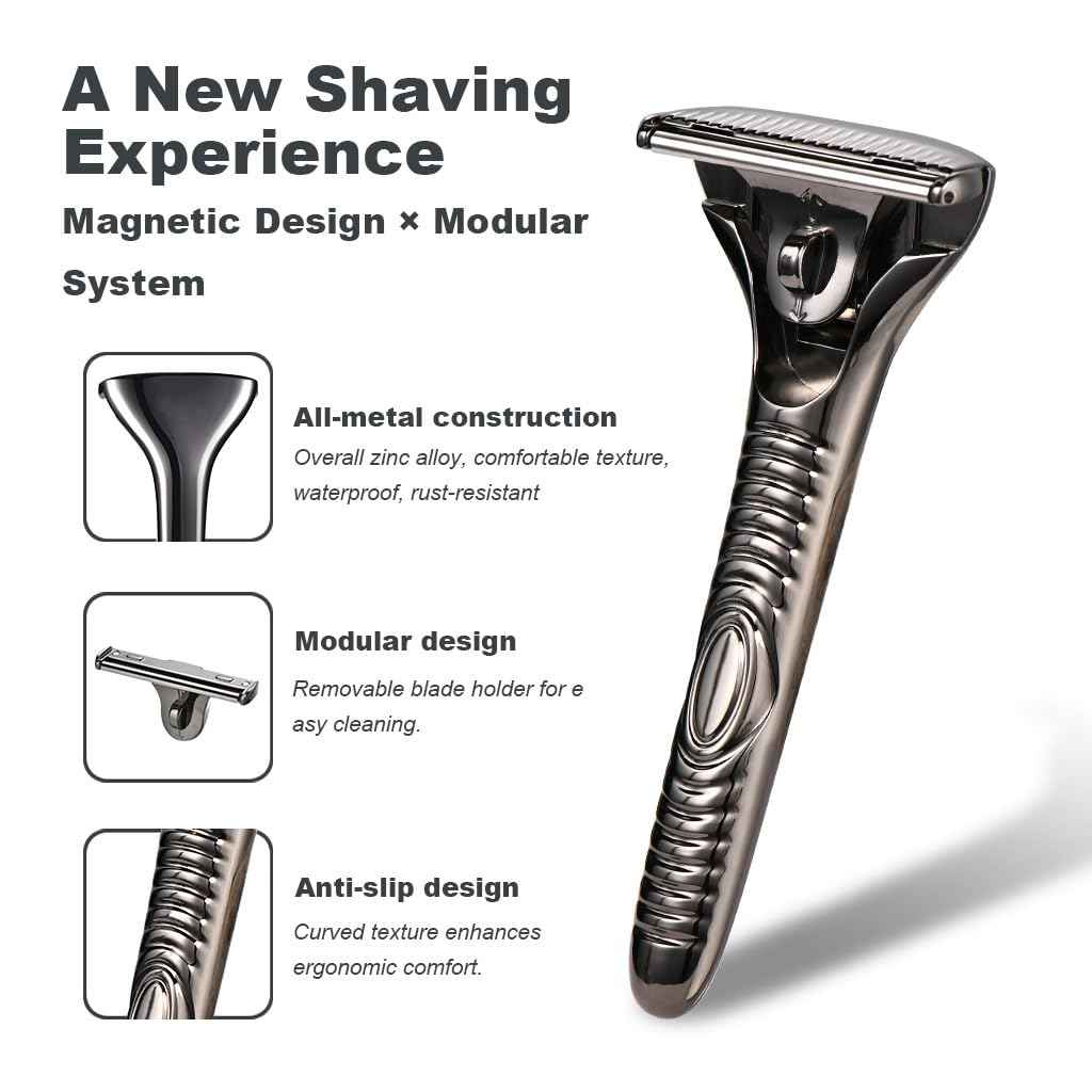MYITKHT Magnetic Single Blade Razors for Men & Women,Reusable Safety Razor with 360° Rotating Track + 20 Single Edge Razor Blades + Waterproof Silicone Case - Bronze
